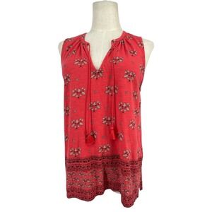 Lucky Brand Womens Small Coral Red Boho Floral Tassel Tie Sleeveless Tank Top